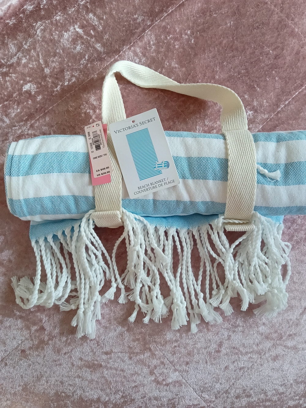 Victoria's Secret Blue and White Striped Beach Blanket with Fringe Detail